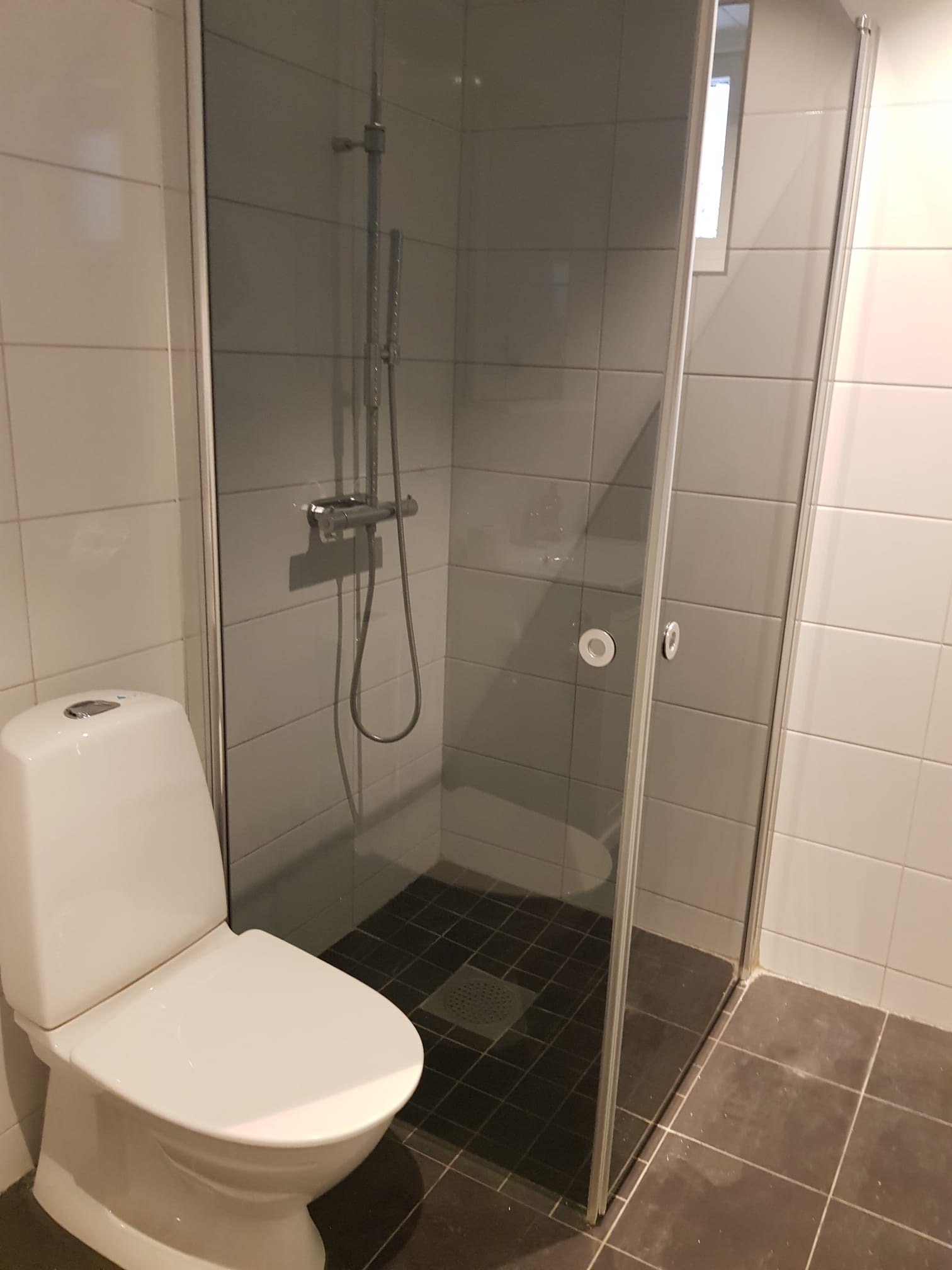 Badrum med duschhörna, toalett och mörkt klinkergolv